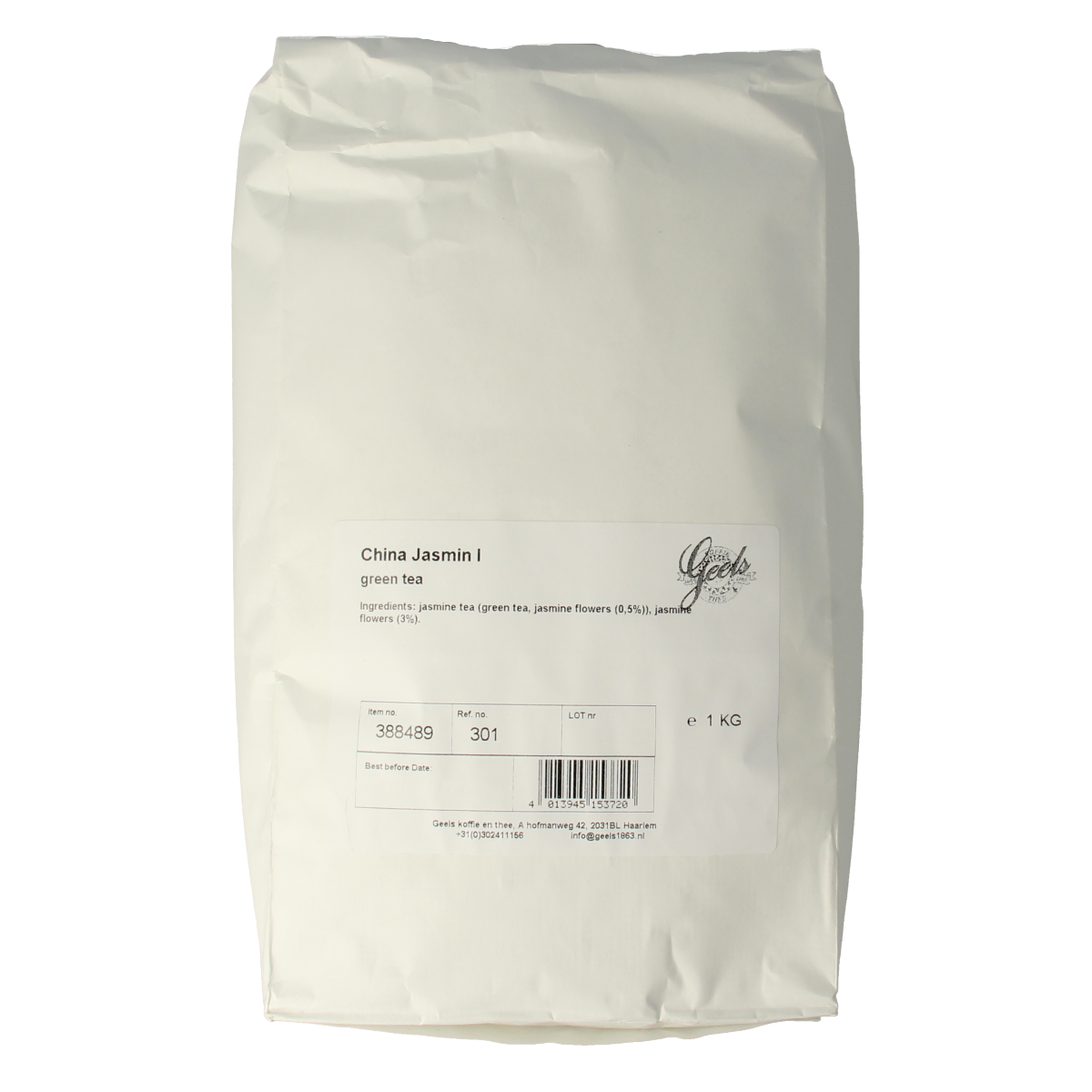 Bag of Geels China Jasmin tea in 1kg packaging, showcasing the tea leaves and branding for coffee and tea products.