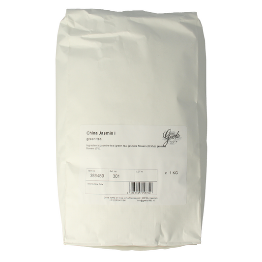 Bag of Geels China Jasmin tea in 1kg packaging, showcasing the tea leaves and branding for coffee and tea products.