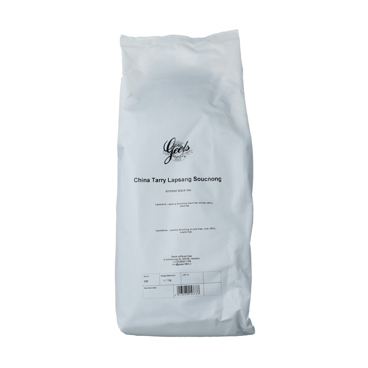 Geels China Tarry Lapsang Souchong tea 1kg, loose black tea leaves with smoky aroma, in a clear container.