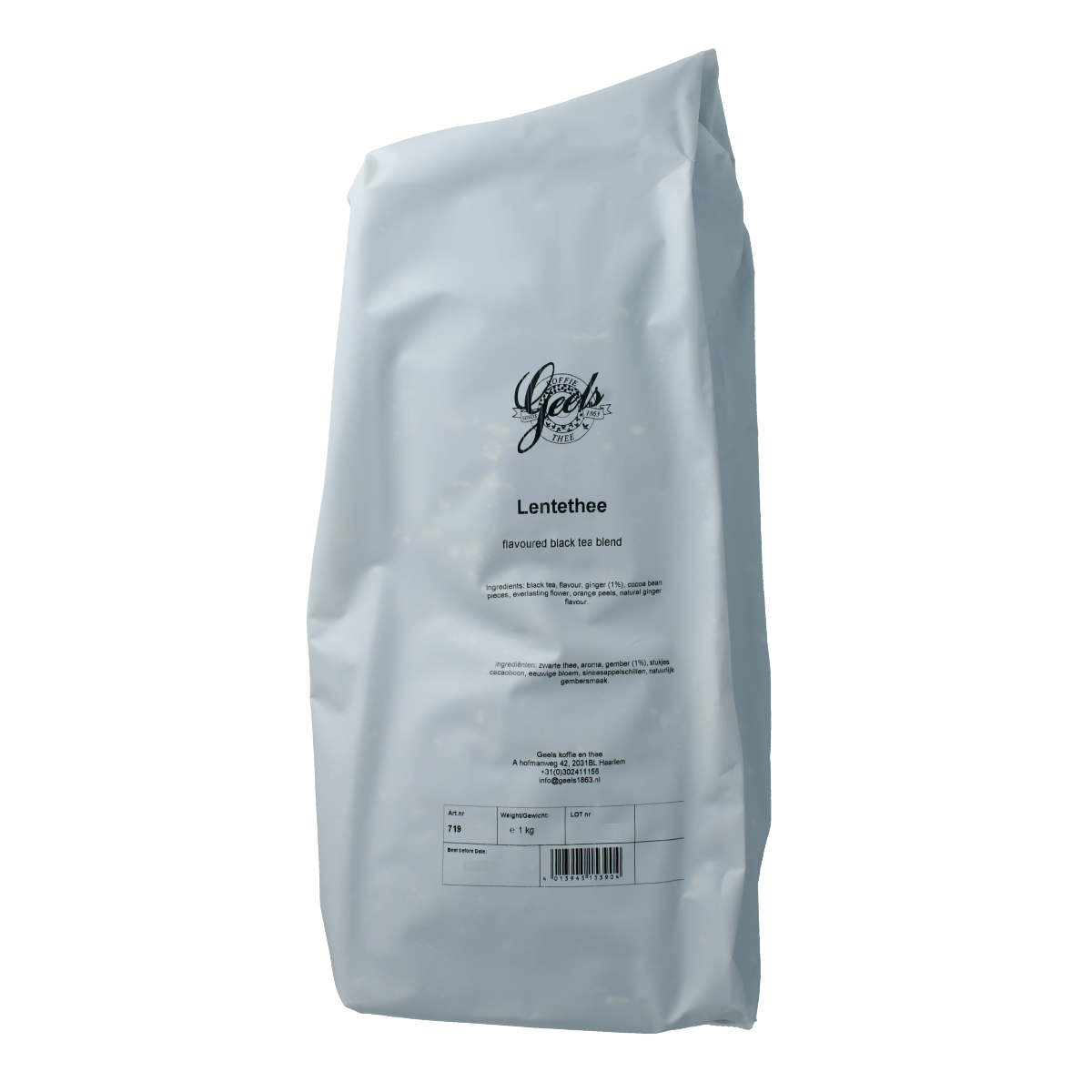 Geels Lentethee in 1kg package, a natural tea product from Geels, shown in a clear image with tea leaves and packaging.