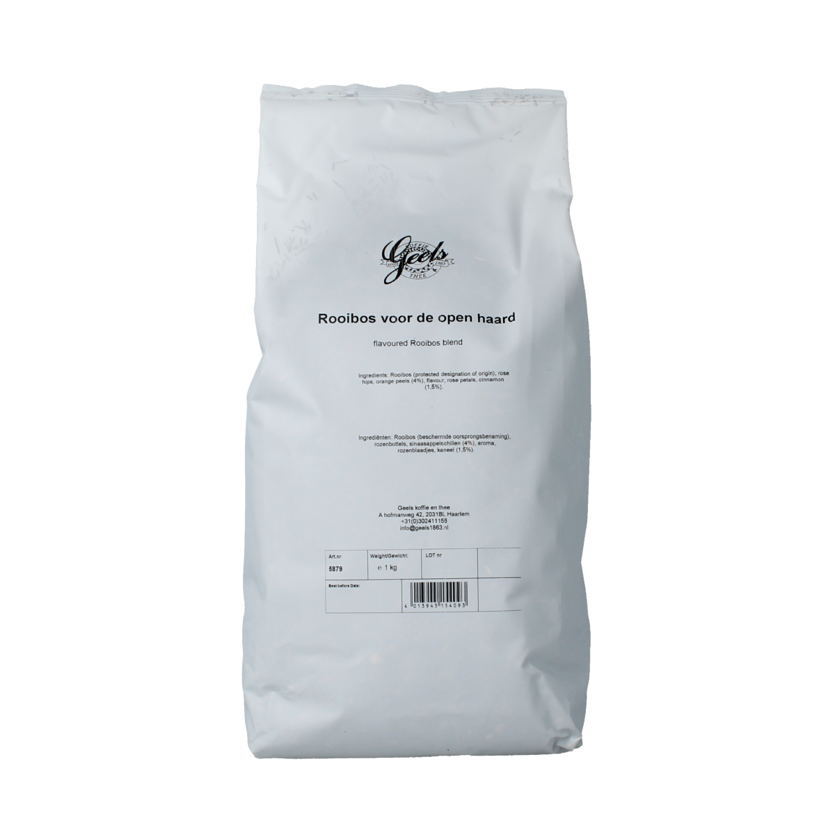 Geels Rooibos voor de open haard in 1 kg verpakking, koffie en thee product, met rooibos thee bladeren zichtbaar in de afbeelding.