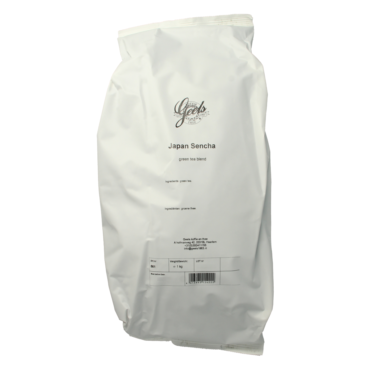 Geels Japanese Sencha tea in a 1kg package, showcasing green tea leaves in a clear bag with branding and product label.