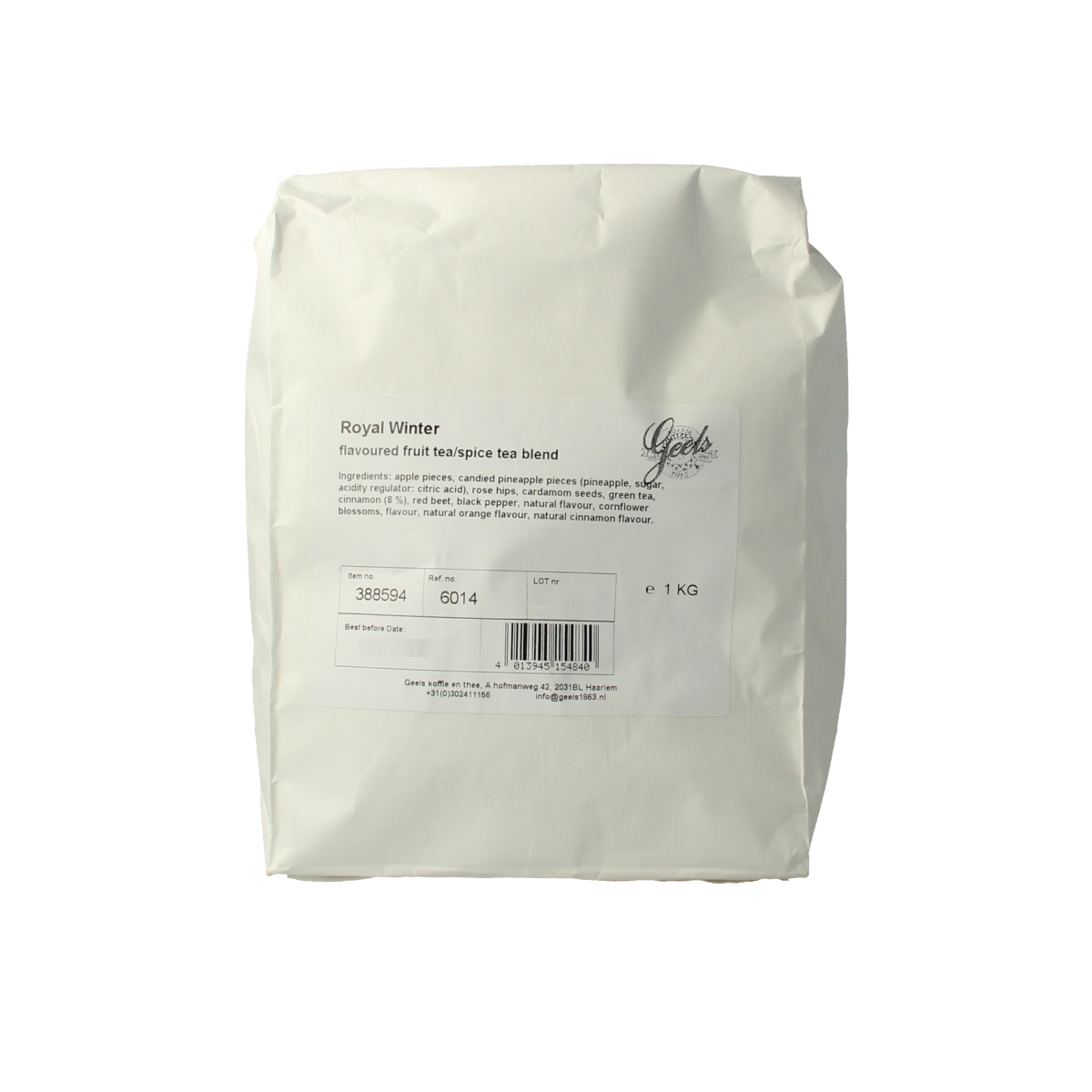Geels Royal winter koffie en thee in 1kg verpakking, featuring a warm, festive design with winter-themed elements.