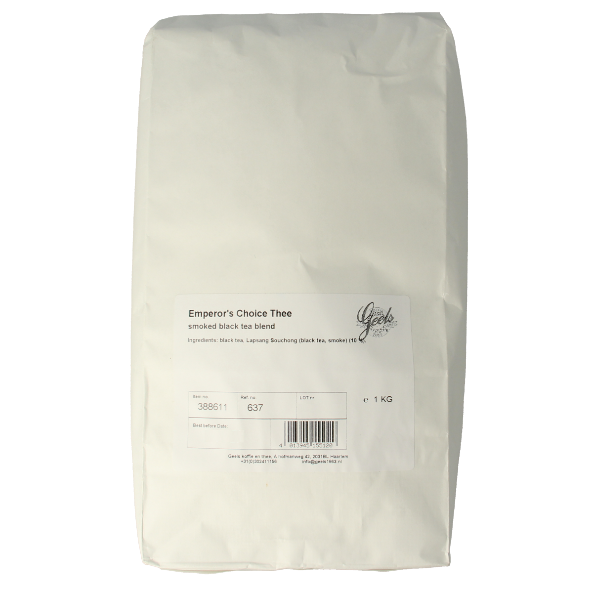 Geels Emperors Choice thee in a 1kg package, featuring a premium blend of coffee and tea for a rich aromatic experience.