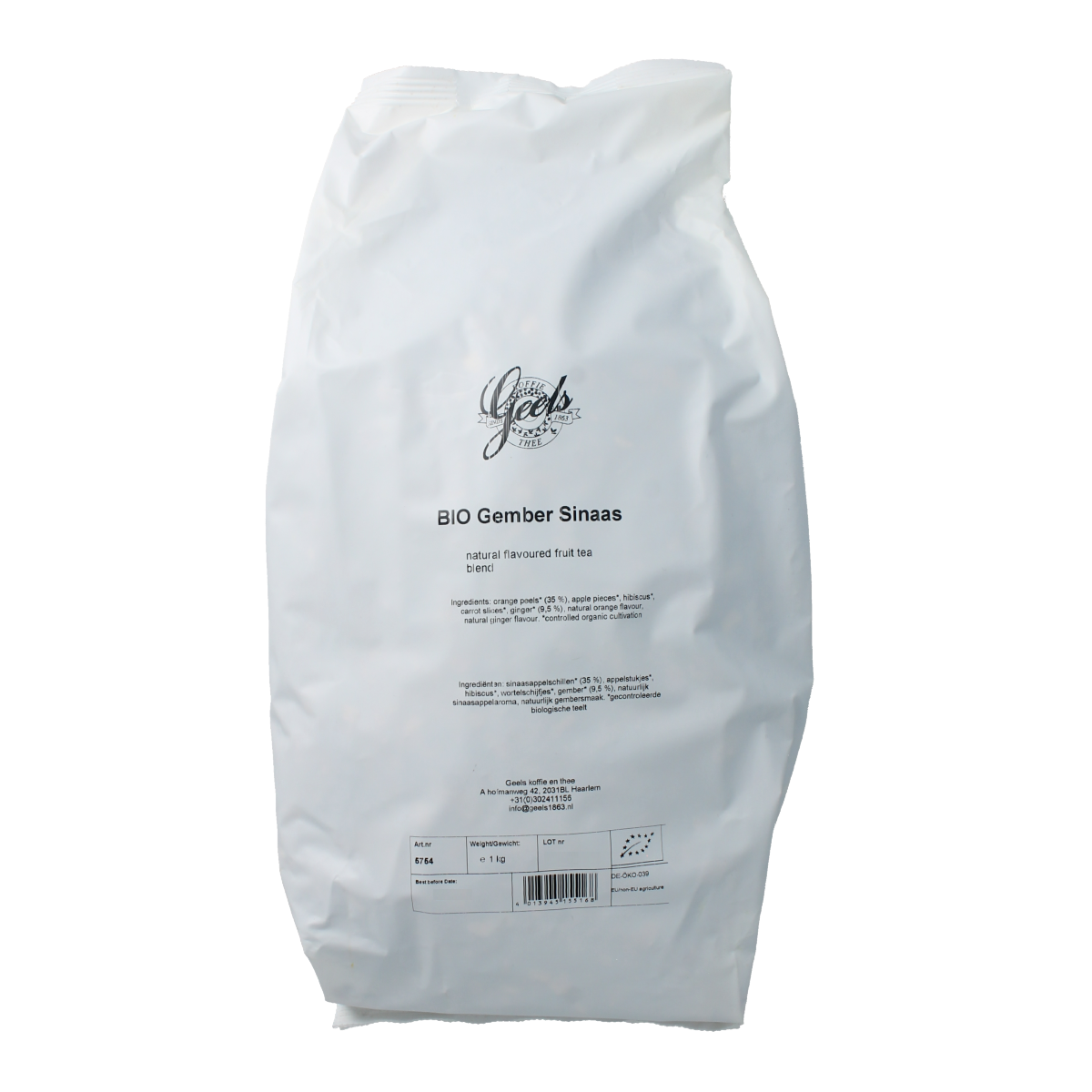 Organic Geels Gember sinaasappel tea blend in a 1kg package, showcasing fresh ginger and orange flavors for herbal tea lovers.