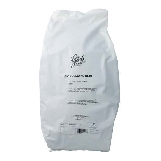 Organic Geels Gember sinaasappel tea blend in a 1kg package, showcasing fresh ginger and orange flavors for herbal tea lovers.