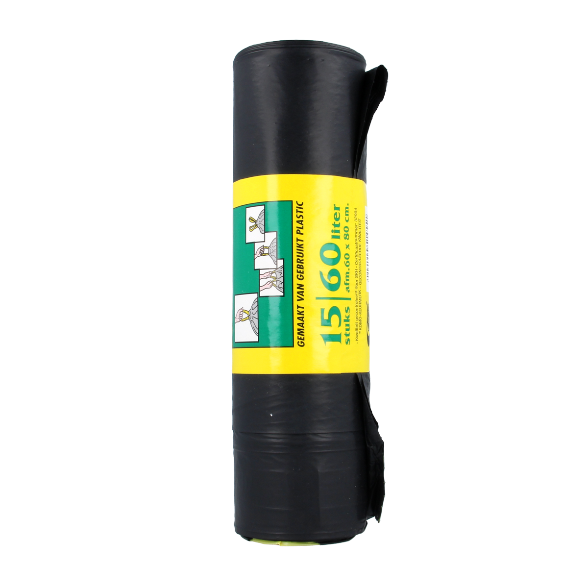 Komo Huisvuilzakken trekband, 15 stuks, sturdy waste disposal bags for household use, with strong tie bands for secure closure.