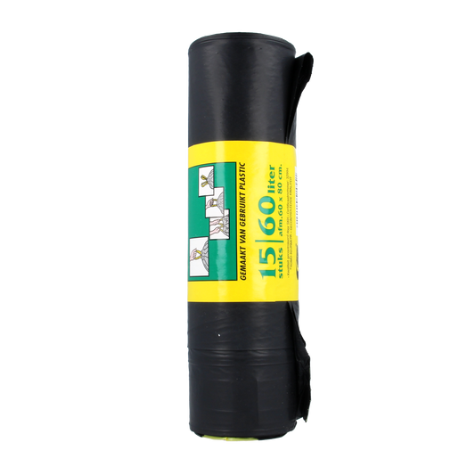 Komo Huisvuilzakken trekband, 15 stuks, sturdy waste disposal bags for household use, with strong tie bands for secure closure.