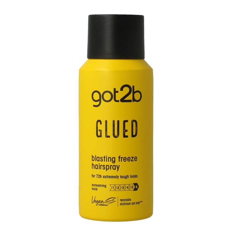 Got2b Glued Blasting Freeze hairspray mini, 100ml, Haarstyling product in a spray bottle with a black cap and label.