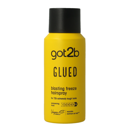Got2b Glued Blasting Freeze hairspray mini, 100ml, Haarstyling product in a spray bottle with a black cap and label.