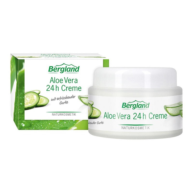 Bergland Aloe Vera 24h face cream in a 50ml jar, moisturizing skincare product with aloe vera for facial care.