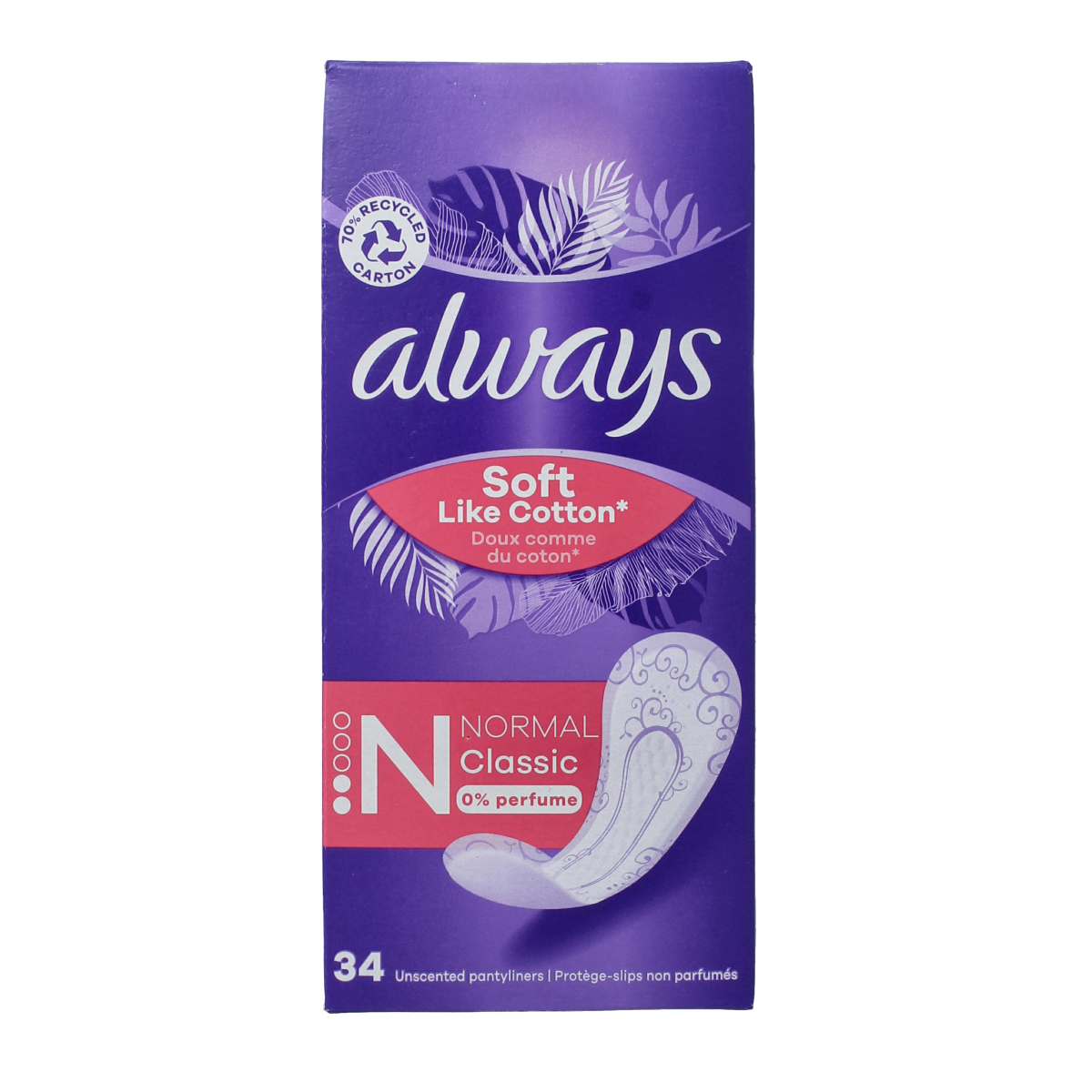 Box of Always Dailies normal panty liners, 34-count, designed for women, with individual liners visible in the image.