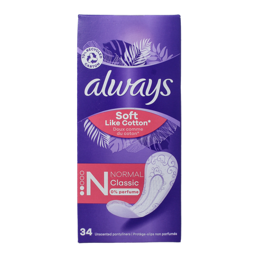Box of Always Dailies normal panty liners, 34-count, designed for women, with individual liners visible in the image.