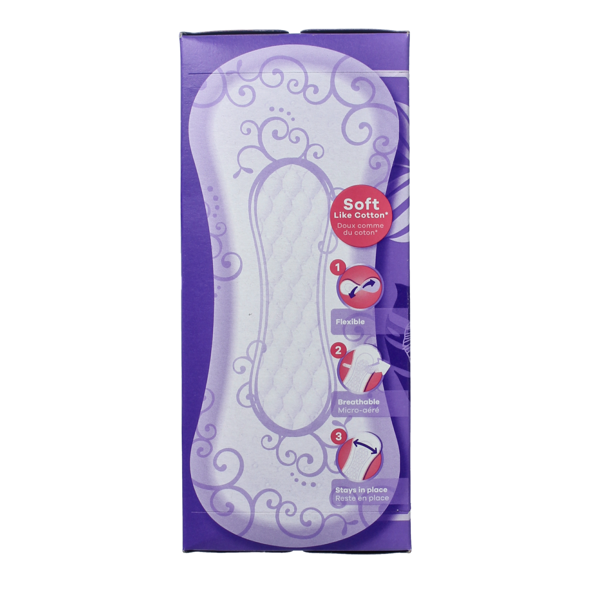 Box of Always Dailies inlegkruisjes normaal, 34 pack, feminine hygiene pads for daily use, lying on a white surface.