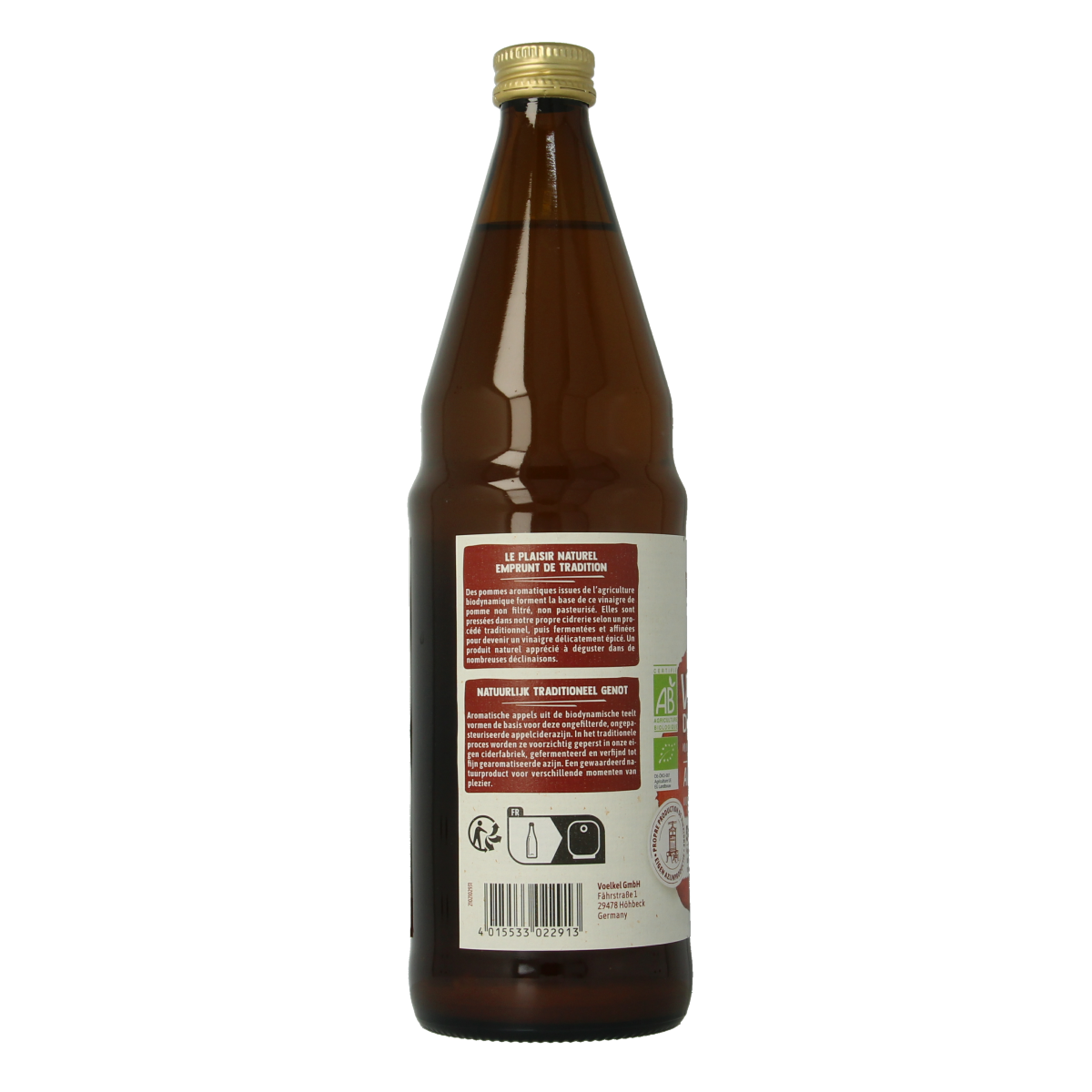 Voelkel Demeter organic apple cider vinegar 750ml bottle, natural condiment and flavor enhancer in a clear glass container.