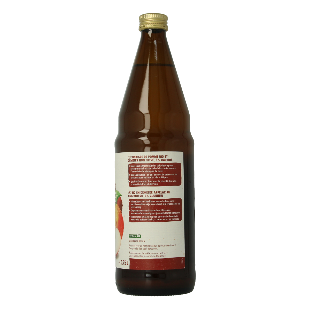 Voelkel Demeter organic apple cider vinegar bottle, 750ml, in a clear glass container with a label and cap.