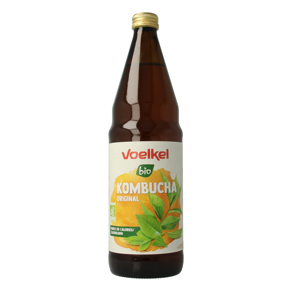 Voelkel bio kombucha drink in a 750ml glass bottle with a dark label, showcasing the fermented tea beverage.