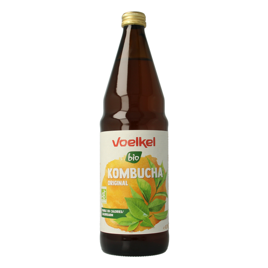 Voelkel bio kombucha drink in a 750ml glass bottle with a dark label, showcasing the fermented tea beverage.
