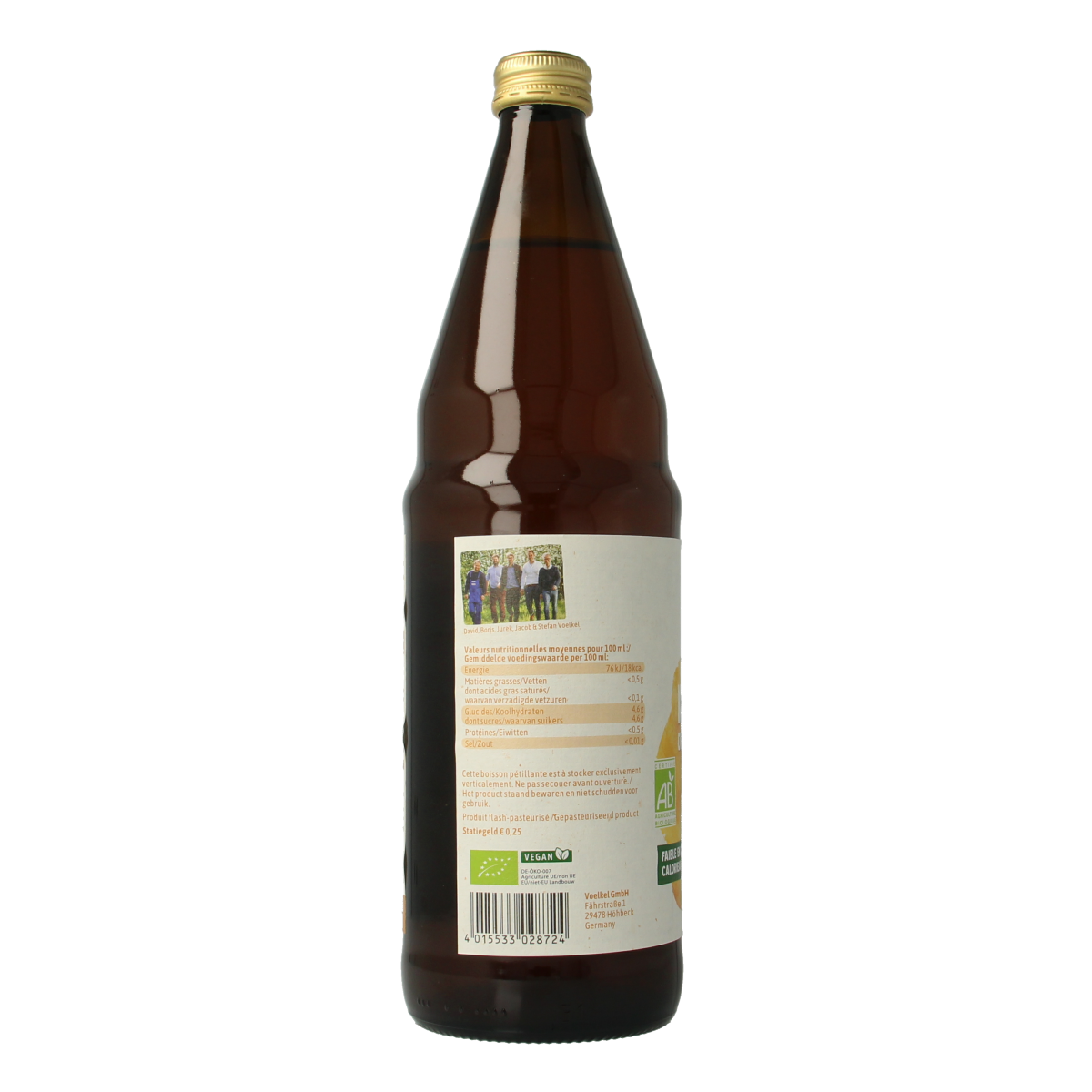 Glass bottle of Voelkel organic kombucha with a colorful label, 750ml, on a white background.