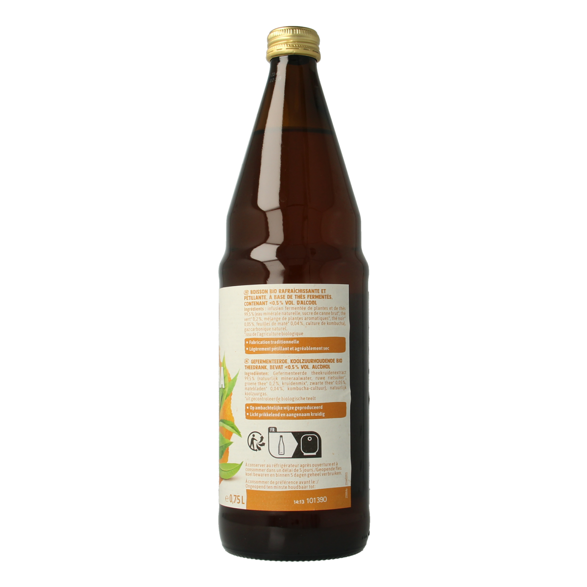 Glass bottle of Voelkel organic kombucha with a white label, showing the Voelkel brand and 750ml capacity.