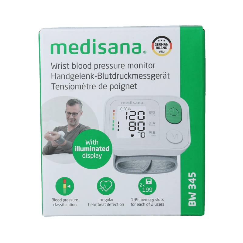 Medisana BW 345 wrist blood pressure monitor with cuff, used for measuring blood pressure at home.