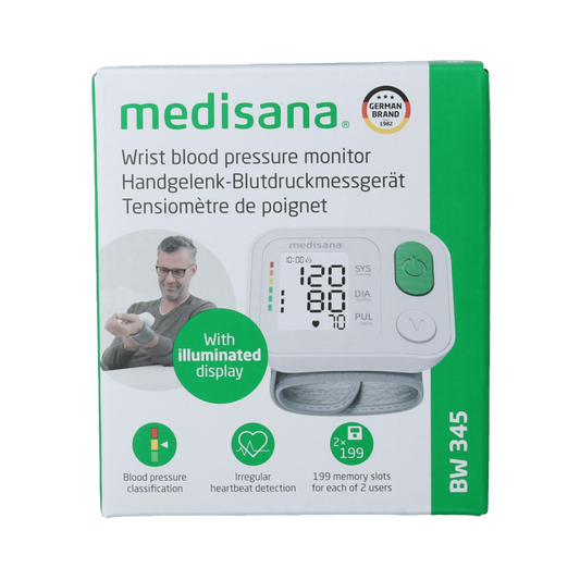 Medisana BW 345 wrist blood pressure monitor with cuff, used for measuring blood pressure at home.