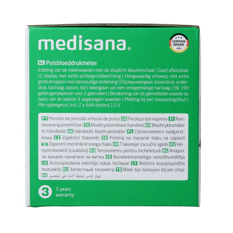 Medisana BW 345 wrist blood pressure monitor with cuff, used for accurate blood pressure measurement.