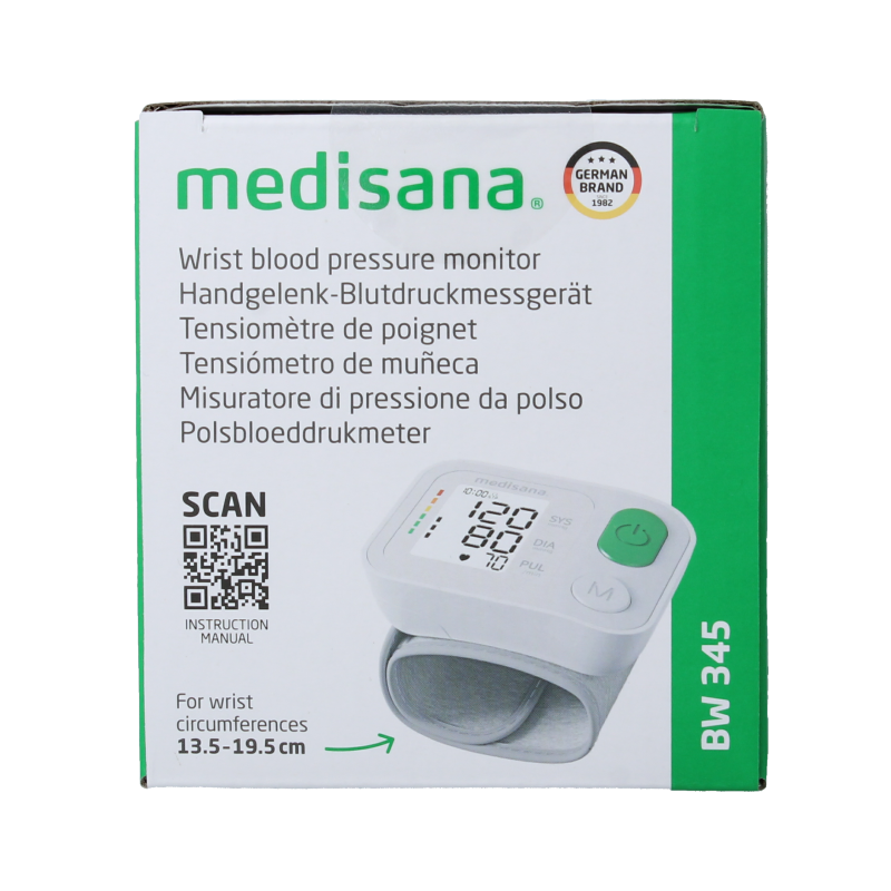 Medisana BW 345 wrist blood pressure monitor with cuff, digital display, and arm cuff for accurate blood pressure readings.