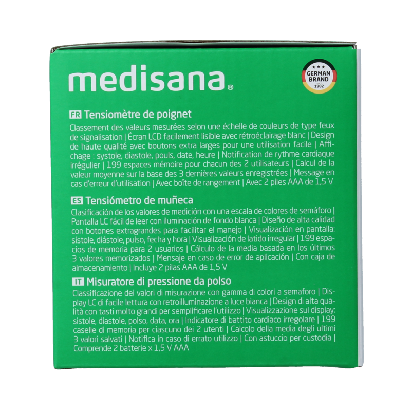 Medisana BW 345 wrist blood pressure monitor with cuff, digital display, and control buttons for accurate readings.