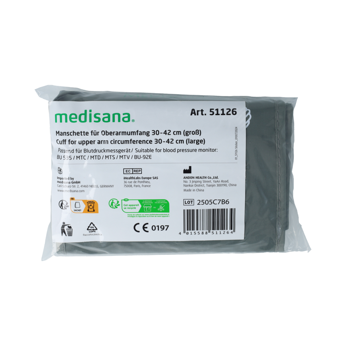 Medisana blood pressure cuff for arm sizes 30-42cm, suitable for blood pressure monitors, medical use, in image showing cuff details.