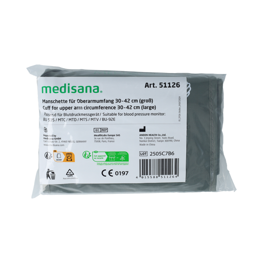 Medisana blood pressure cuff for arm sizes 30-42cm, suitable for blood pressure monitors, medical use, in image showing cuff details.