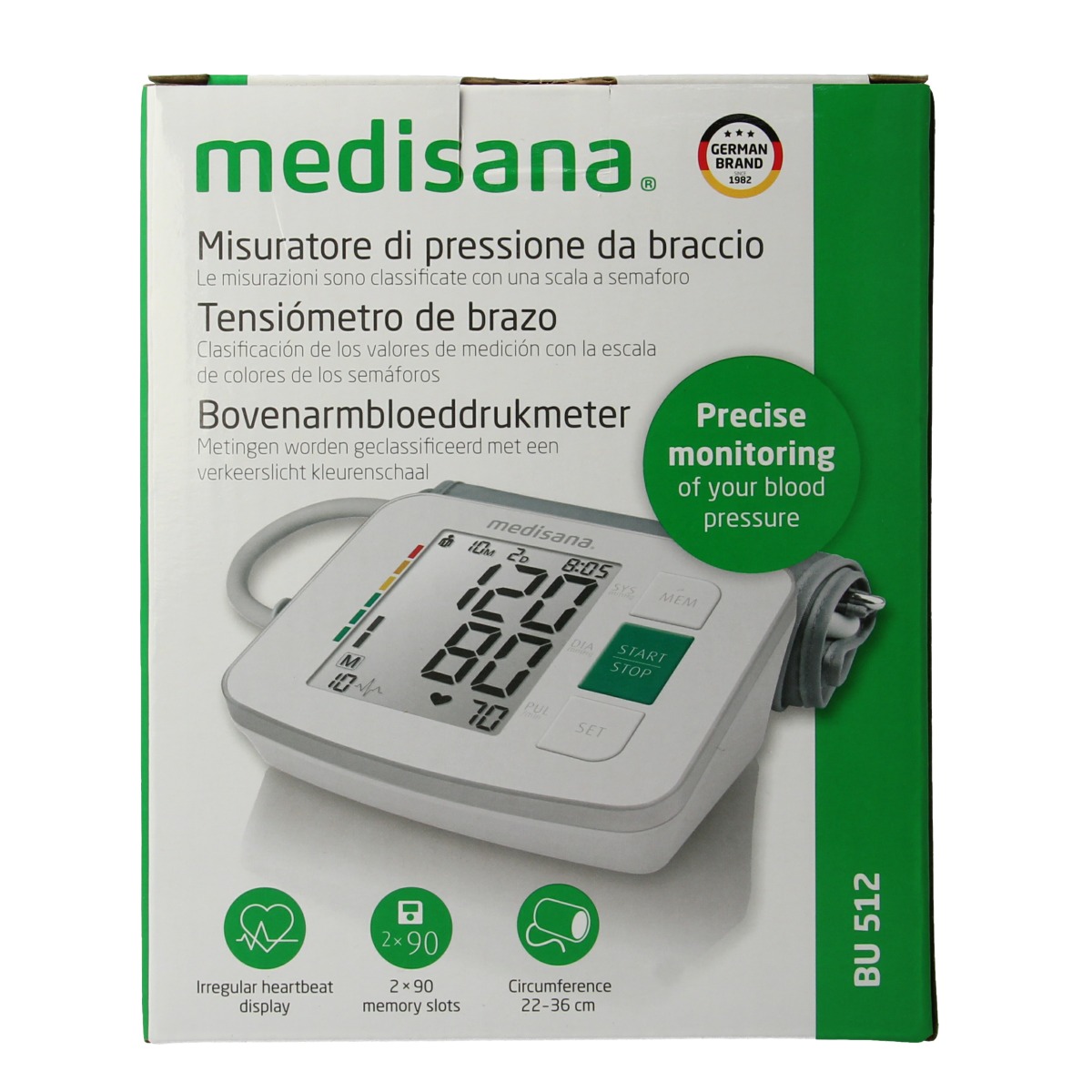 Medisana blood pressure monitor BU512 with cuff, display screen, and control buttons, used for upper arm blood pressure measurement.