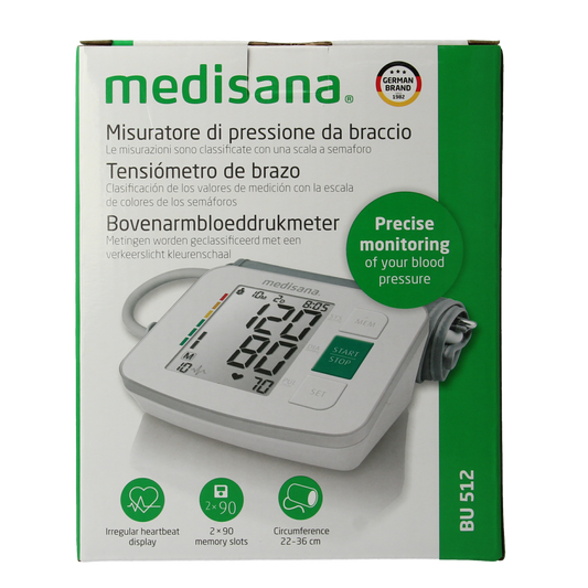 Medisana blood pressure monitor BU512 with cuff, display screen, and control buttons, used for upper arm blood pressure measurement.
