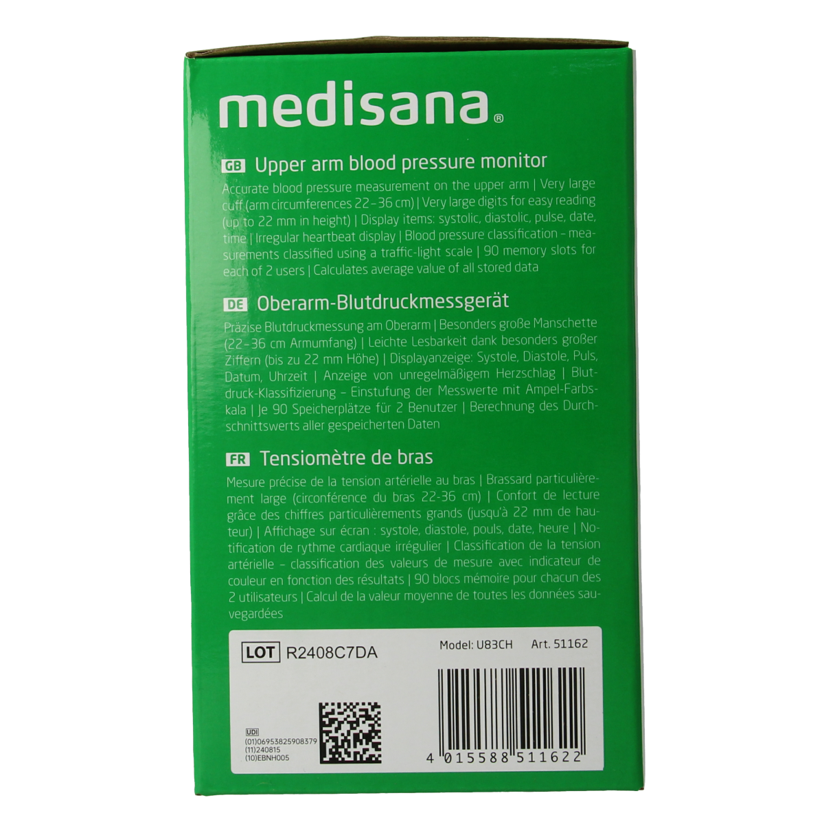 Medisana BU512 upper arm blood pressure monitor with cuff, showing digital display on a white background.