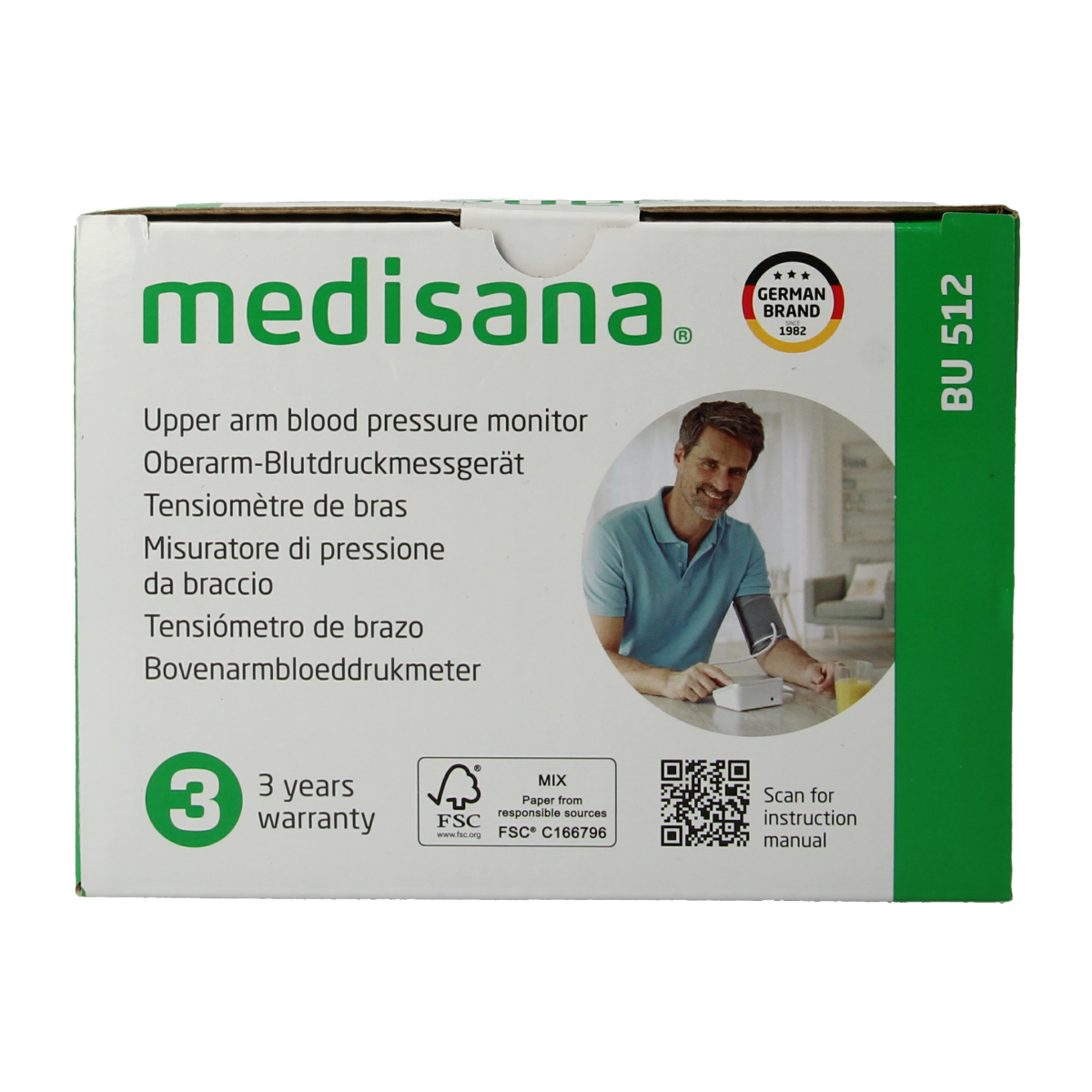 Medisana blood pressure monitor BU512 with cuff, showing digital display and arm cuff for accurate blood pressure measurement.