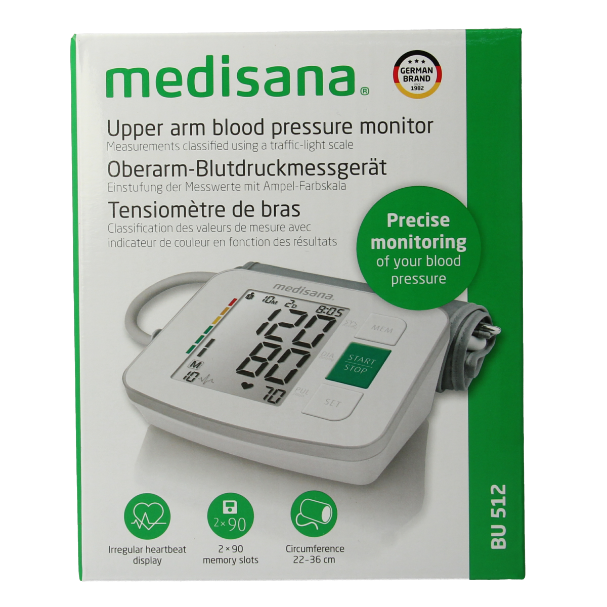 Medisana BU512 upper arm blood pressure monitor with cuff, digital display, and control buttons for accurate readings.