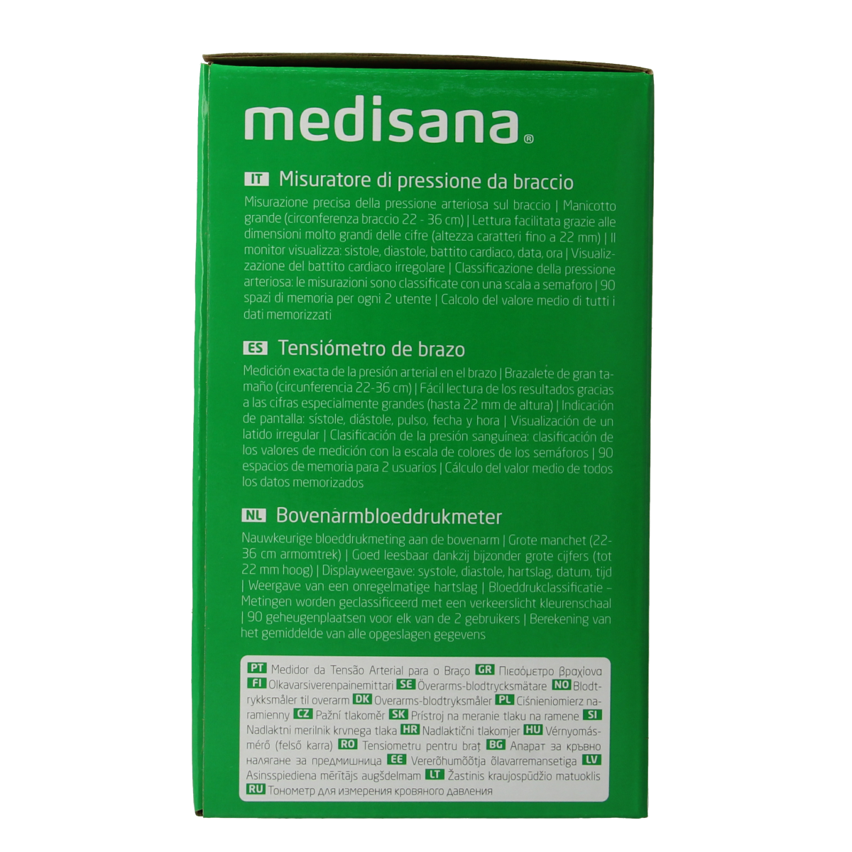 Medisana blood pressure monitor BU512 with cuff, digital display, and control buttons for upper arm blood pressure measurement.