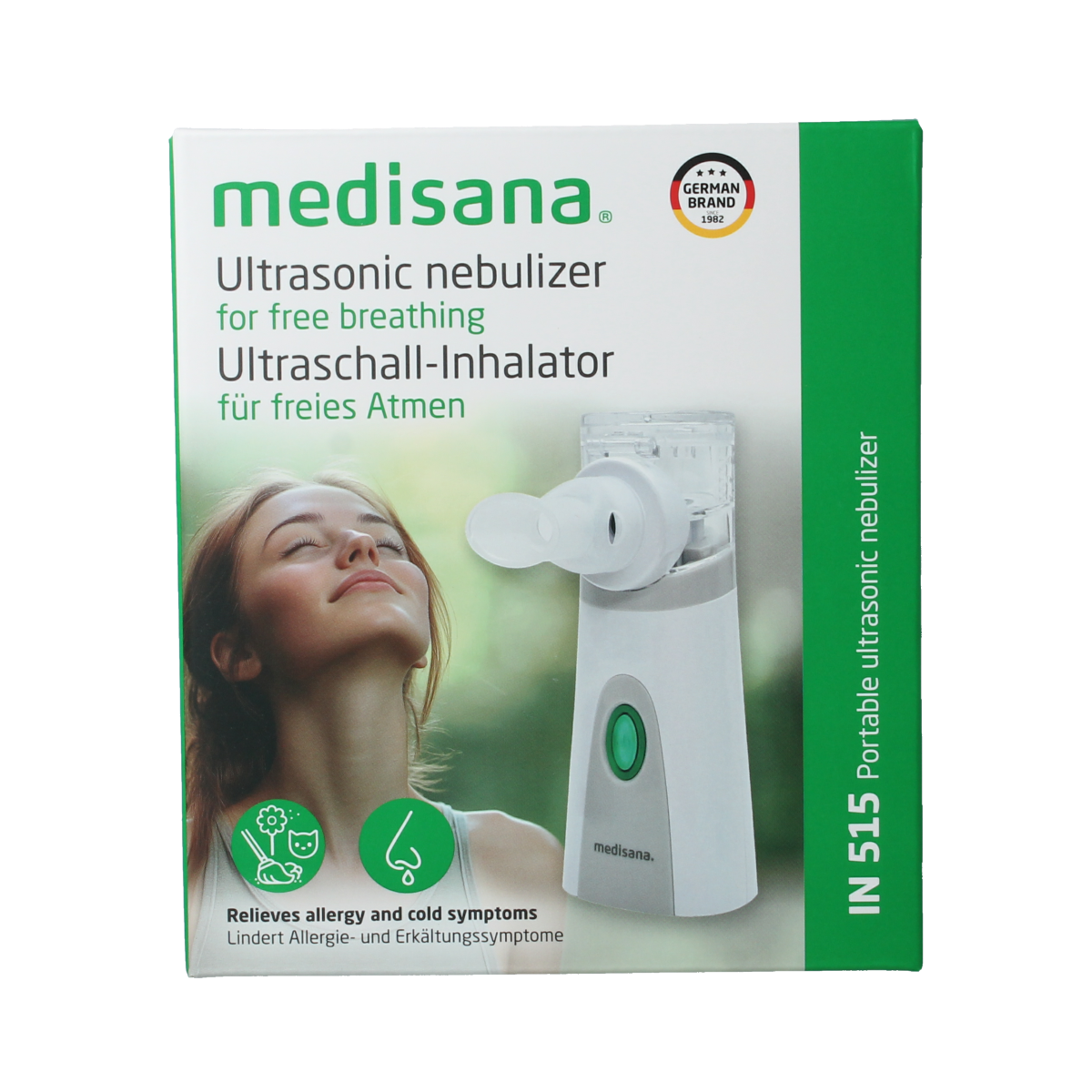 Medisana IN 515 Ultrasone inhalator for nasal care and inhalation, showing the device and its components.