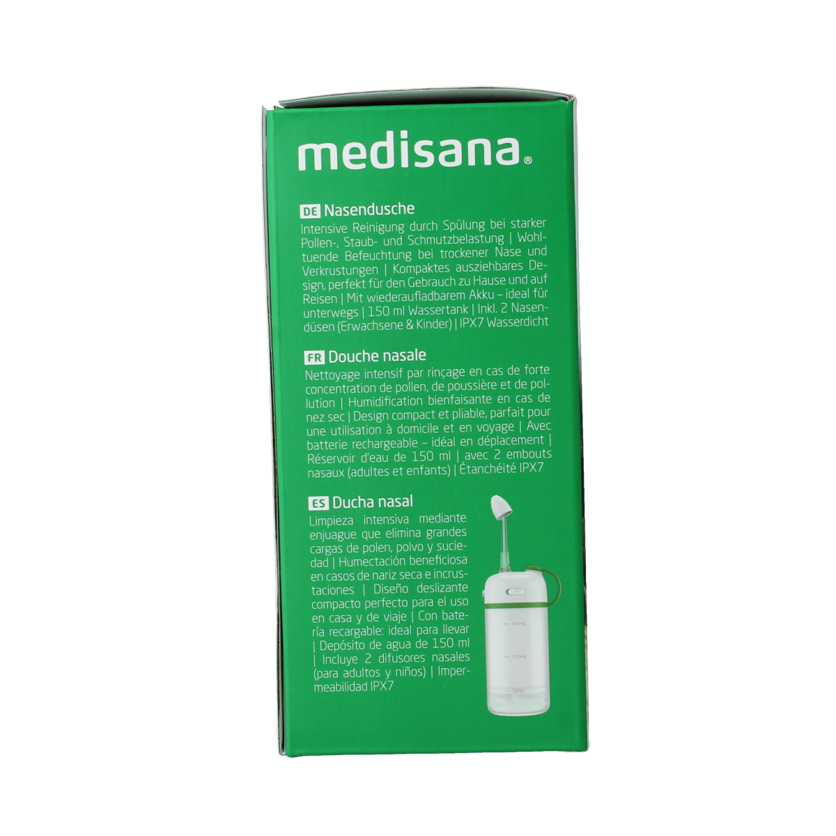 Medisana NI 200 Neusdouche for nasal cleansing and inhalation, showing the device with nozzle and packaging.