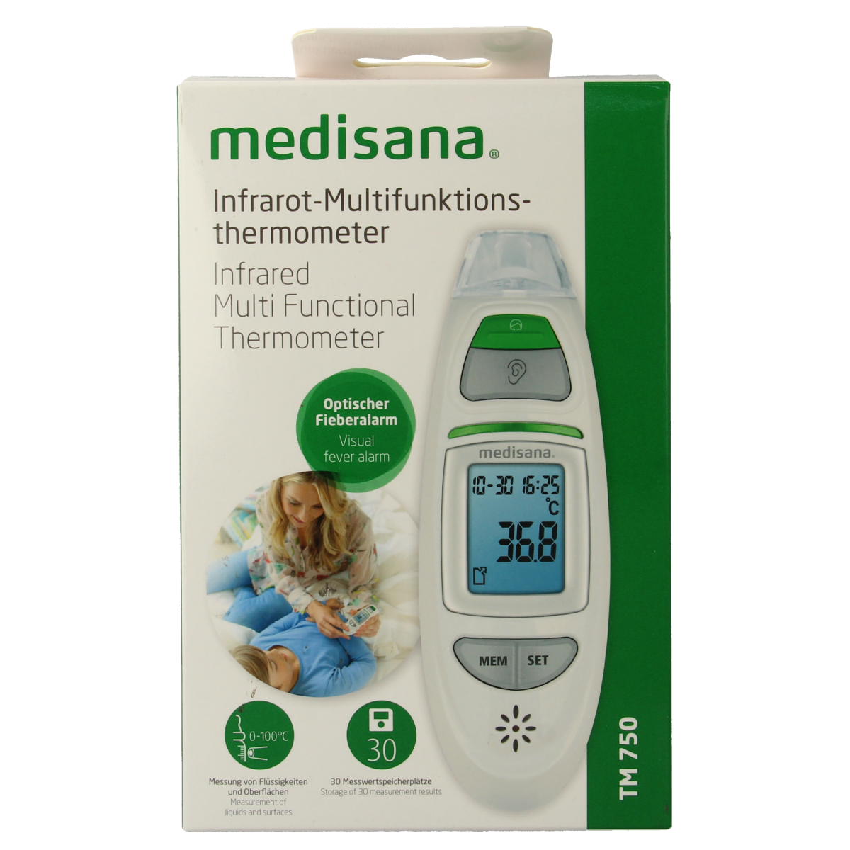 Medisana TM750 multifunction thermometer displaying digital screen and temperature reading in a close-up shot.