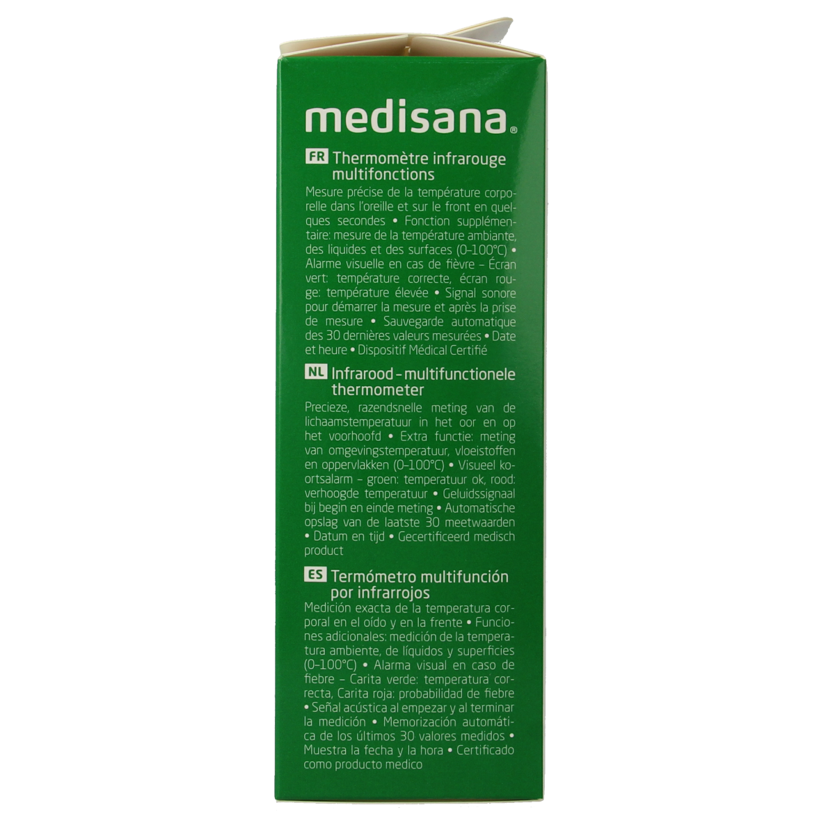 Medisana TM750 multifunction thermometer showing digital display and temperature reading in a close-up view.