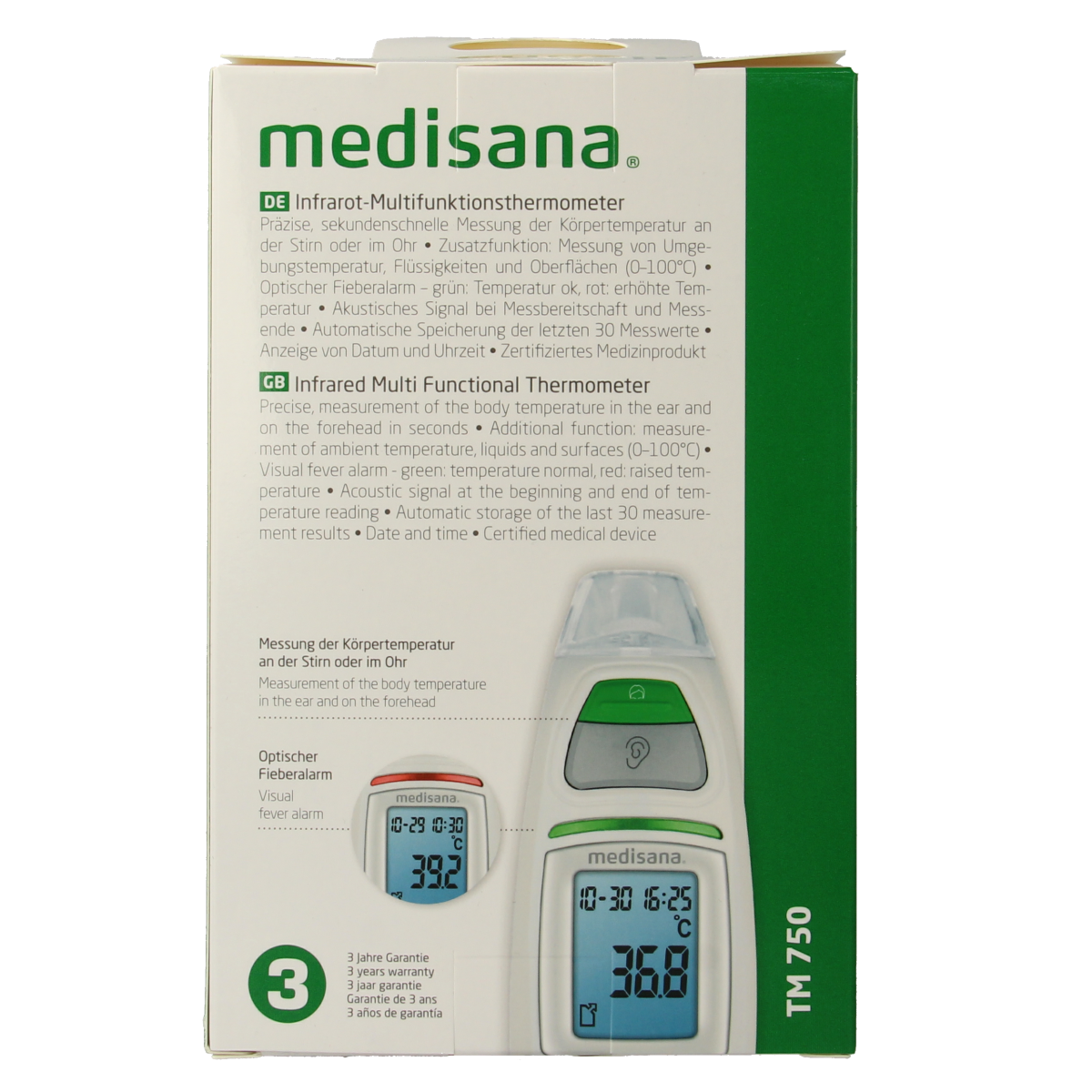 Medisana TM750 multifunction thermometer showing digital display and temperature readings, designed for accurate health measurements.