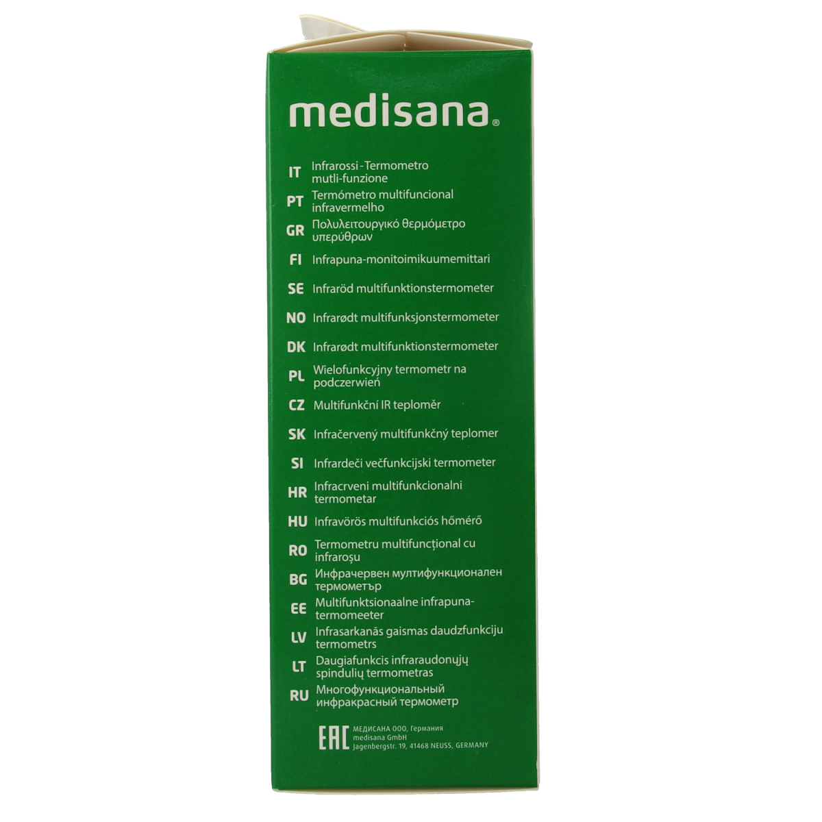 Medisana TM750 multifunction thermometer showing digital display and temperature measurement in a close-up shot.