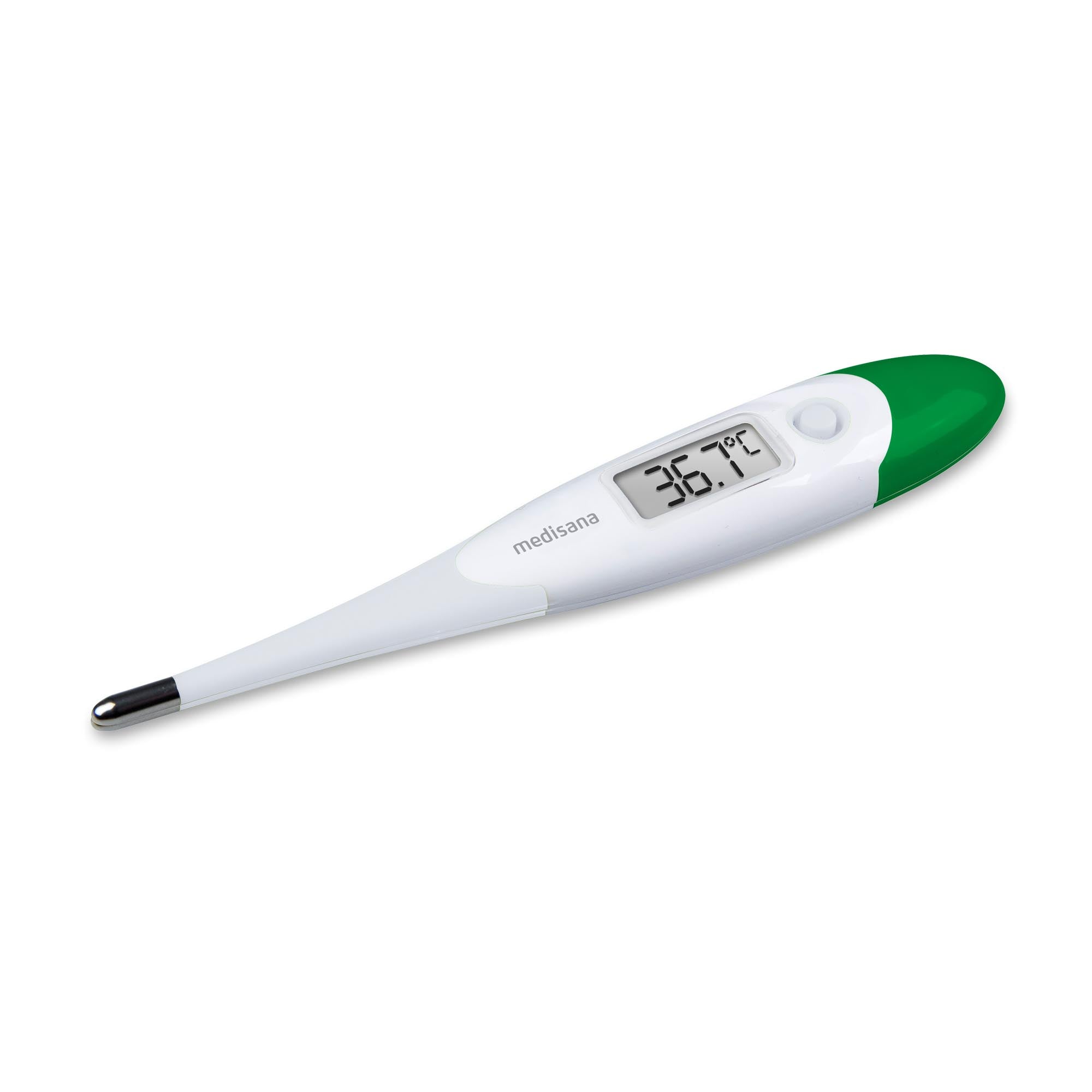 Medisana digital thermometer TM700 with flexible tip, showing a digital display and temperature reading.