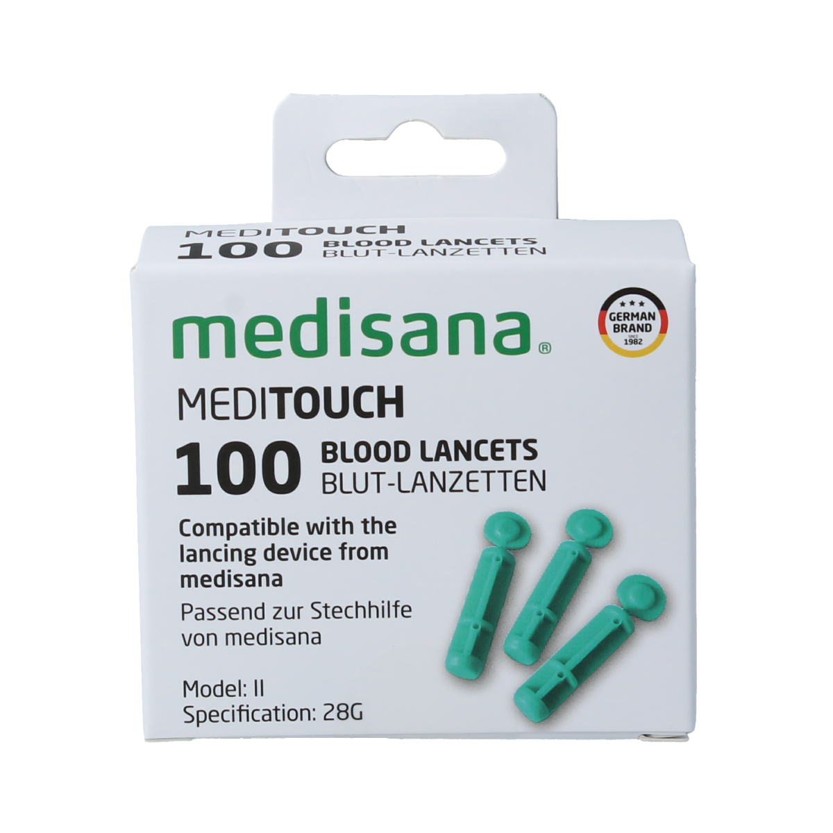 Medisana Meditouch lancetten pack with 100 sterile lancets for blood sampling, designed for accurate and comfortable use.