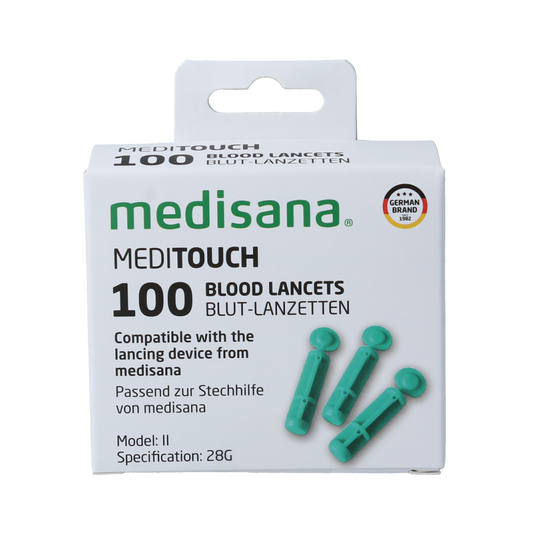 Medisana Meditouch lancetten pack with 100 sterile lancets for blood sampling, designed for accurate and comfortable use.