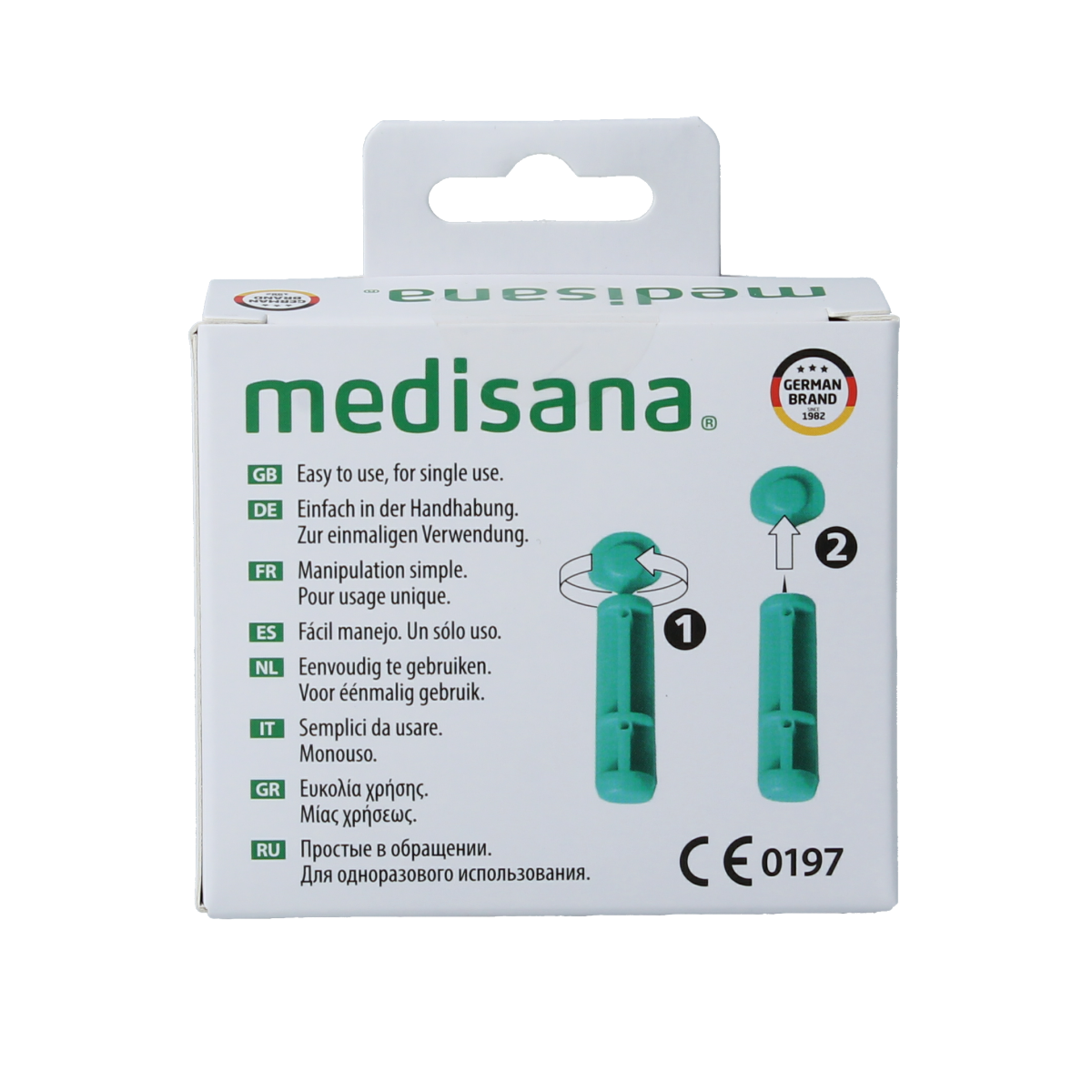 Medisana Meditouch lancetten, 100 pieces, sharp blood sampling lancets for glucose testing, shown in the image.