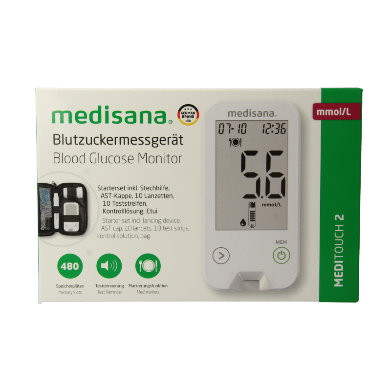 Medisana Meditouch 2 glucose meter with USB port, displayed on a white background, showing its compact design and digital screen.