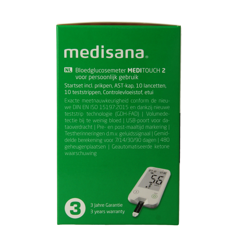 Medisana Meditouch 2 glucosemeter with USB port, used for blood sugar monitoring and diabetes management.