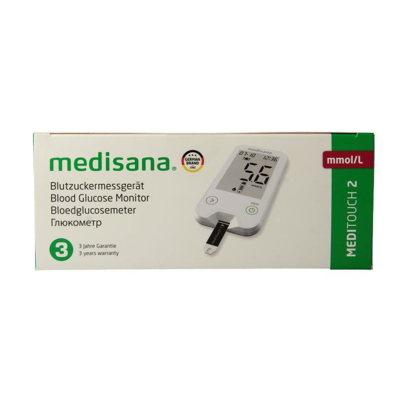 Medisana Meditouch 2 glucosemeter with USB port, used for blood sugar monitoring, shown with display and test strip area.